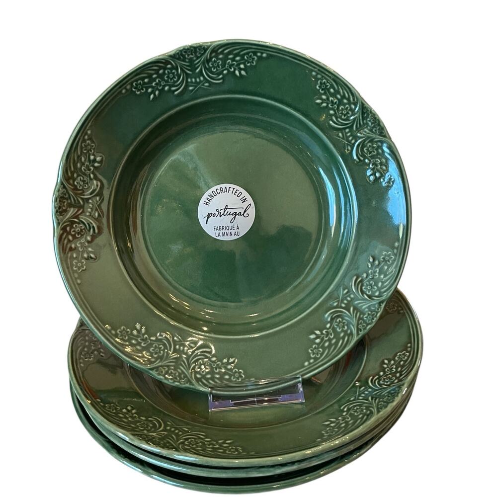 Villa Stoneware Portugal Green Ceramic Bowls 9.5" Floral Border Set of 4 NEW